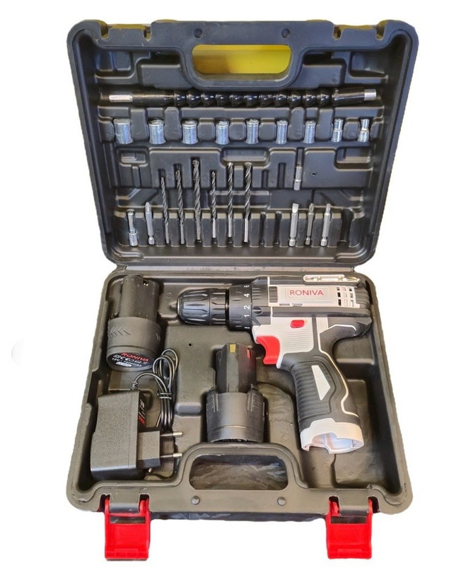 دریل شارژی ۱۲ ولت دو باتری با لوازم رونیوا مدل RV-1200